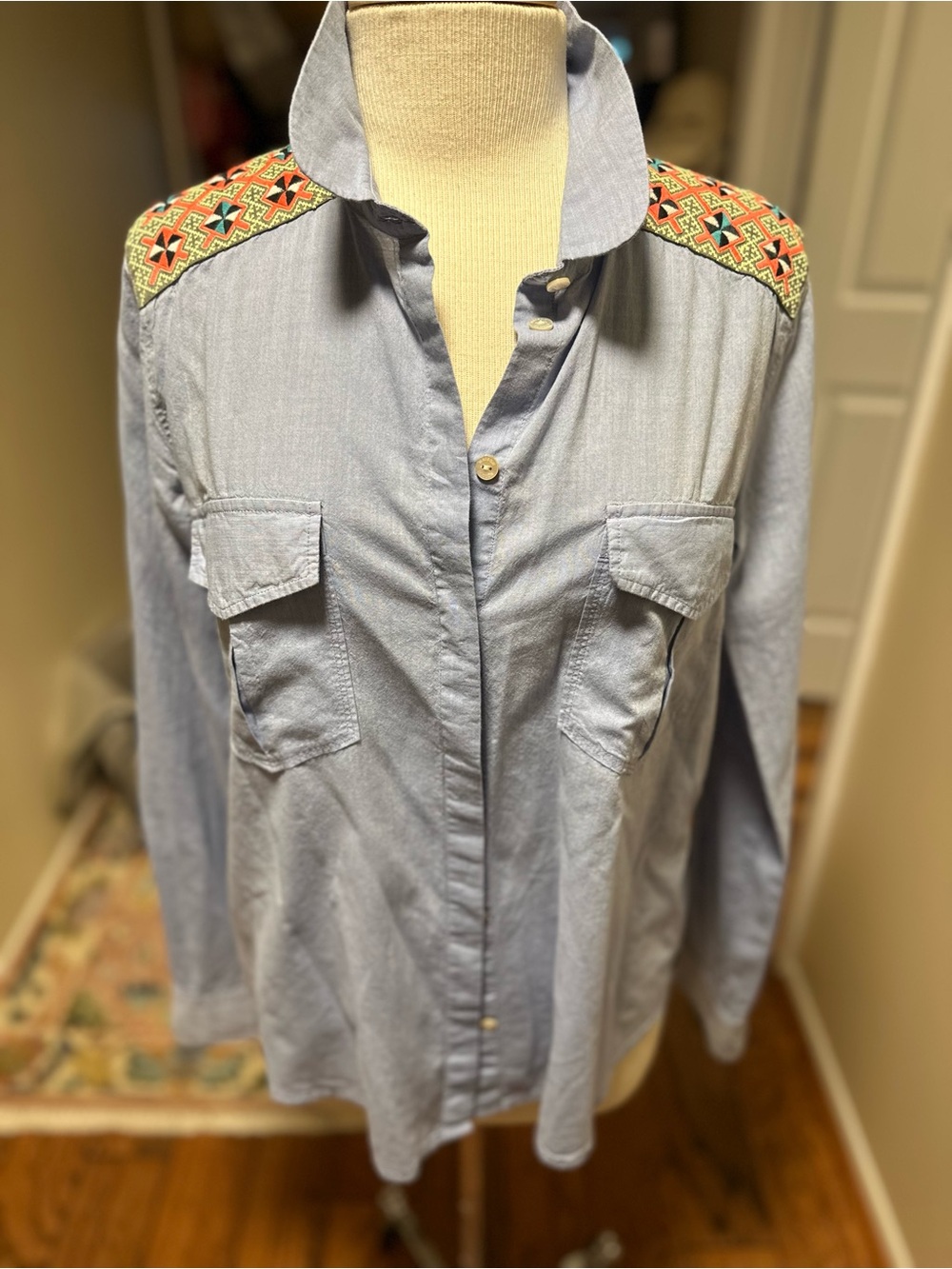 Scotch & Soda Light Blue Button-Down Shirt with Embroidered Shoulder Panels